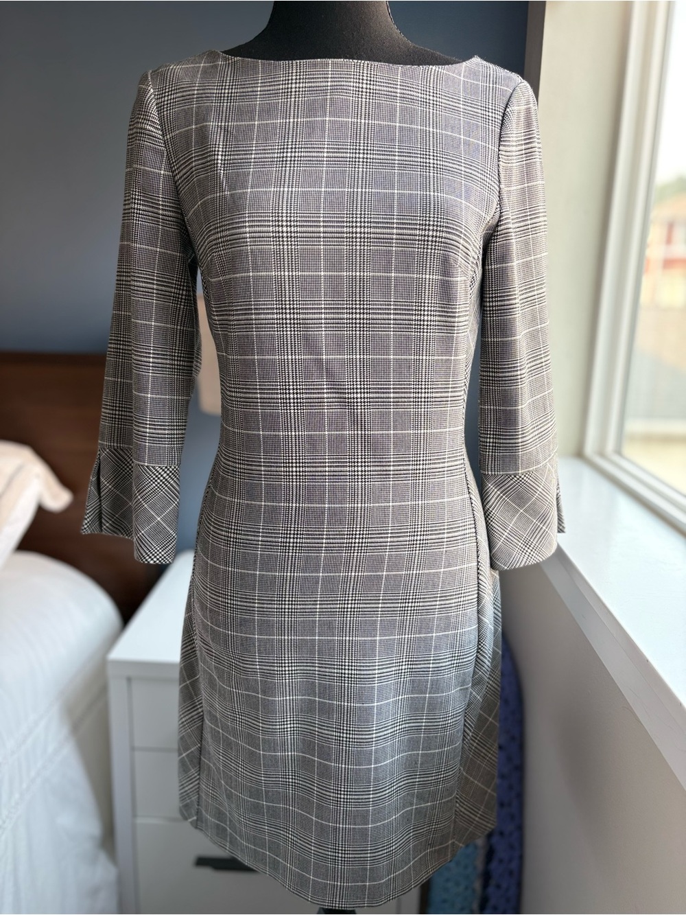 H&M Glen Check Plaid Houndstooth Ballet Neck 3/4 Sleeve A-Line Shift Mini Dress - Picture 4 of 15